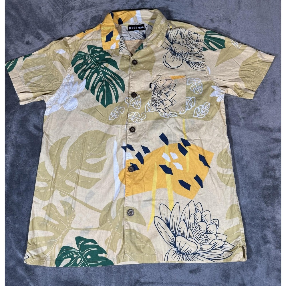 Reef Shirt Mens Large White Yellow Hawaiian Floral Short Sleeve Button Up Cotton